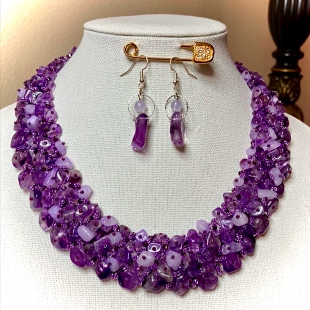Purple Beaded Necklace and Earring Set